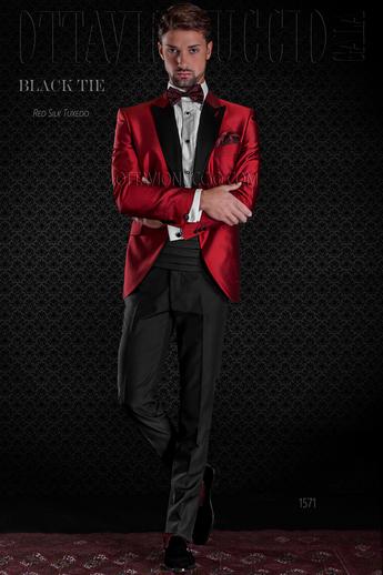 ONGala 1571 - Esmoquin rojo seda shantung con pantalón negro
