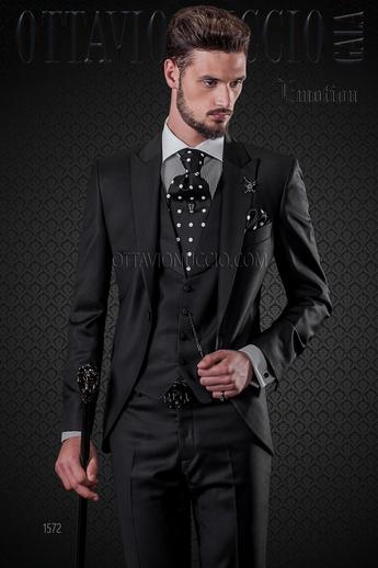 ONGala 1572 - Traje de novio negro pura lana con chaleco solapa chal al tono