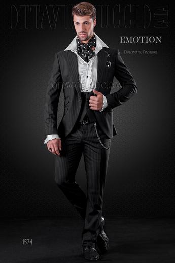 ONGala 1574 - Traje de novio negro raya pura lana con chaleco negro