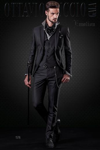 ONGala 1576 - Traje de novio negro con chaleco a juego y vivos de raso