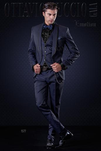 ONGala 1577 - Traje moda hombre azul microdiseño solapa chal
