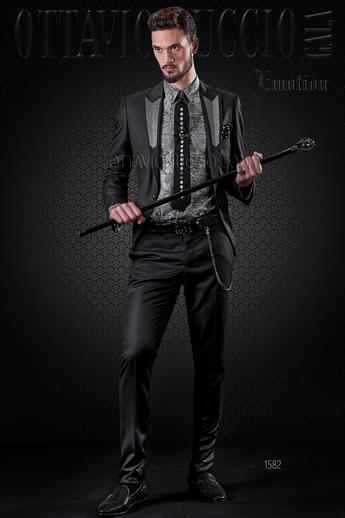 ONGala 1582 - Traje de novio negro con bordado plata en solapa