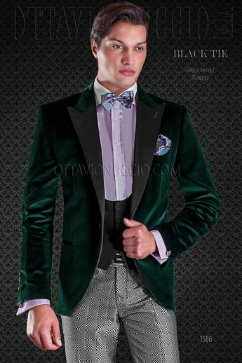ONGala 1586 - Traje de moda chaqueta esmoquin verde de terciopelo con pantalón moda