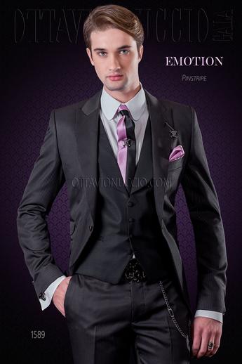 ONGala 1589 - Traje para novio negro raya rosa con chaleco negro