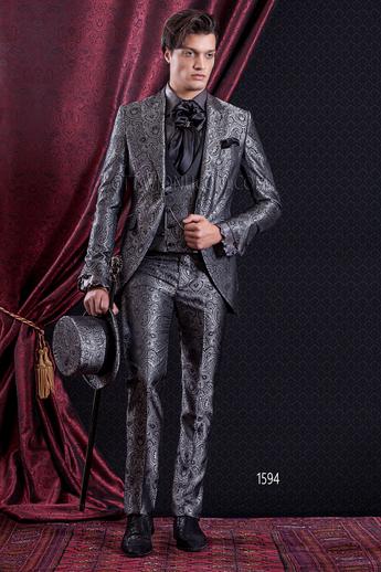 ONGala 1594 - Traje de novio barroco redingote damascado gris oscuro