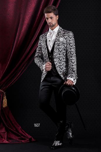 ONGala 1607 - Traje de novio barroco redingote jacquard negro plata