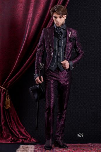 ONGala 1609 - Traje de novio barroco damascado púrpura, chaleco bordado