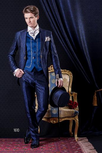 ONGala 1610 - Traje de novio barroco redingote azul damascado, chaleco bordado