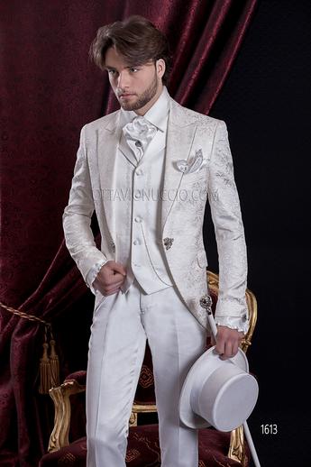 ONGala 1613 - Traje de novio barroco redingote jacquard blanco, chaleco bordado