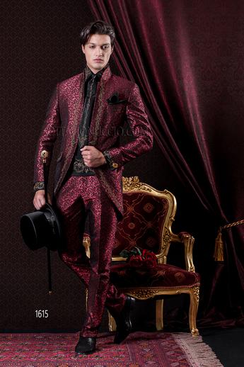 ONGala 1615 - Traje de novio barroco coreana damascado rojo bordado oro