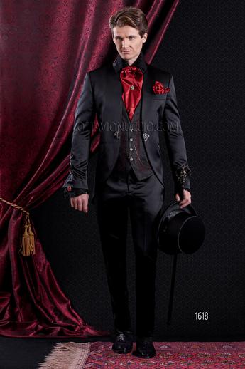 ONGala 1618 - Traje de novio gótico redingote de raso negro con bordado rojo