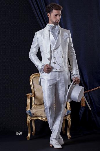 ONGala 1620 - Traje de novio barroco redingote jacquard blanco, chaleco de raso
