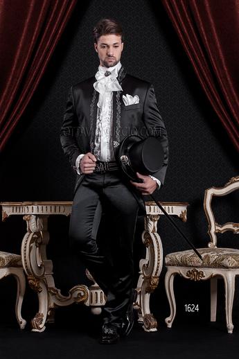 ONGala 1624 - Traje de novio barroco redingote coreana de raso negro bordado