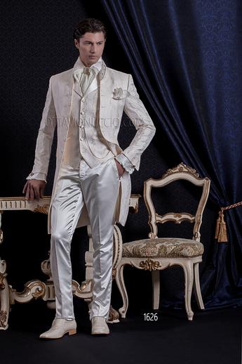 ONGala 1626 - Traje de novio abrigo cuello coreana blanco brocado con chaleco