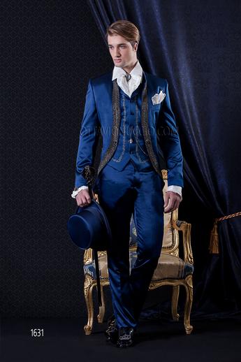 ONGala 1631 - Coreana redingote azul de raso con pasamanería de strass