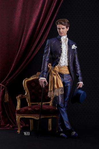 ONGala 1633 - Traje de novio barroco redingote brocado azul y oro