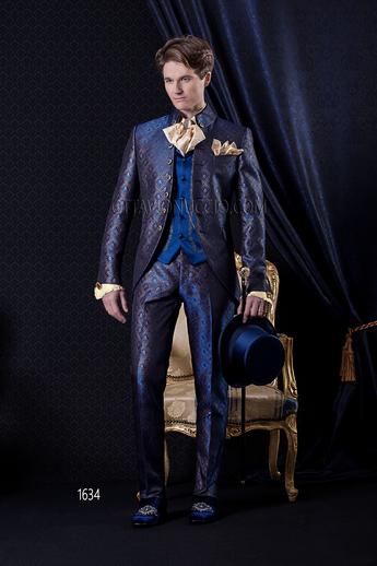 ONGala 1634 - Traje de novio barroco redingote azul brocado con chaleco bordado