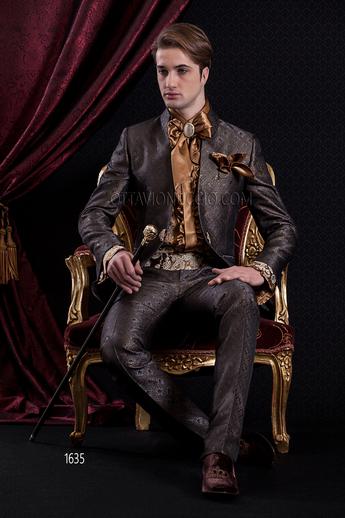 ONGala 1635 - Traje de novio barroco redingote brocado gris y oro