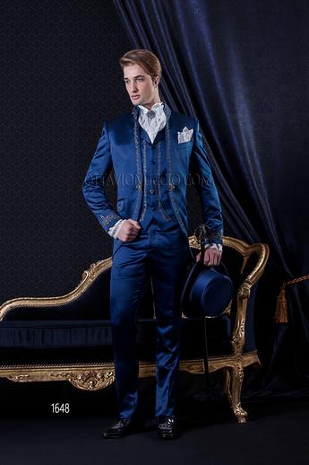 ONGala 1648 - Traje de novio barroco azul de raso con chaleco bordado plata