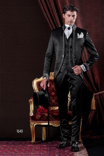 ONGala 1649 - Traje de novio barroco con chaleco raso negro bordado plata