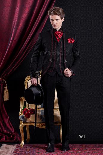 ONGala 1651 - Traje de novio gótico coreana damascato negro con bordado rojo