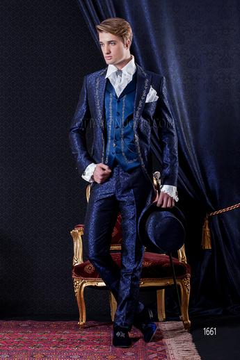 ONGala 1661 - Traje de novio barroco azul damascado con chaleco bordado