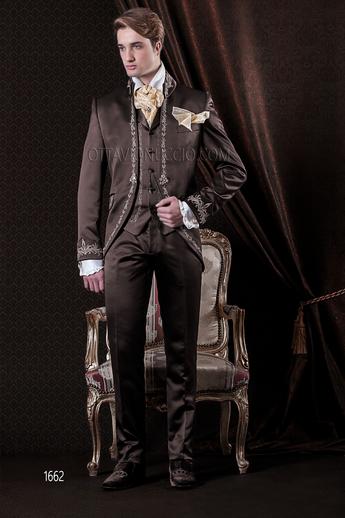 ONGala 1662 - Traje de novio barroco coreana de raso marrón con bordado oro