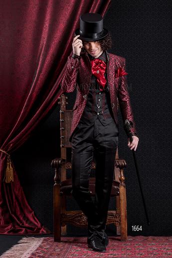 ONGala 1664 - Coreana damascada roja con pantalón y chaleco de raso negro