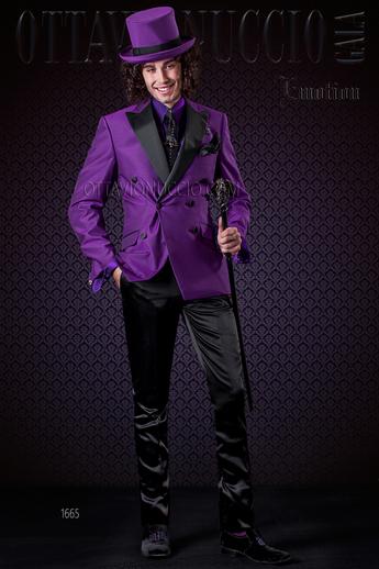 ONGala 1665 - Chaqueta cruzada morada mixto lana con pantalón negro de raso