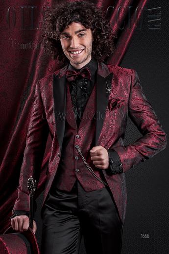 ONGala 1666 - Traje de novio chaqueta roja damascada con pantalón negro de raso
