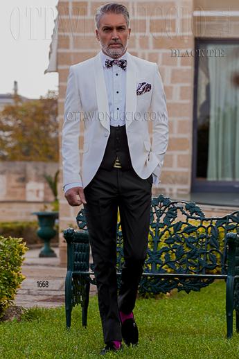 ONGala 1668 - Traje de novio chaqueta blanca shantung seda con pantalón negro