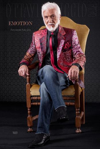 ONGala 1669 - Chaqueta patchwork de seda roja con jeans