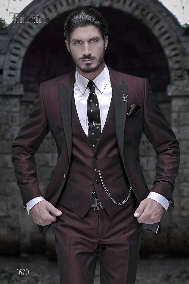 ONGala 1670 - Black and burgundy peak lapel 3 pieces italian tuxedo