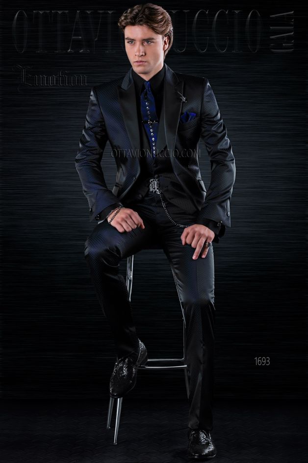 ONGala 1693 - Traje de novio negro microdiseño azul mixto lana