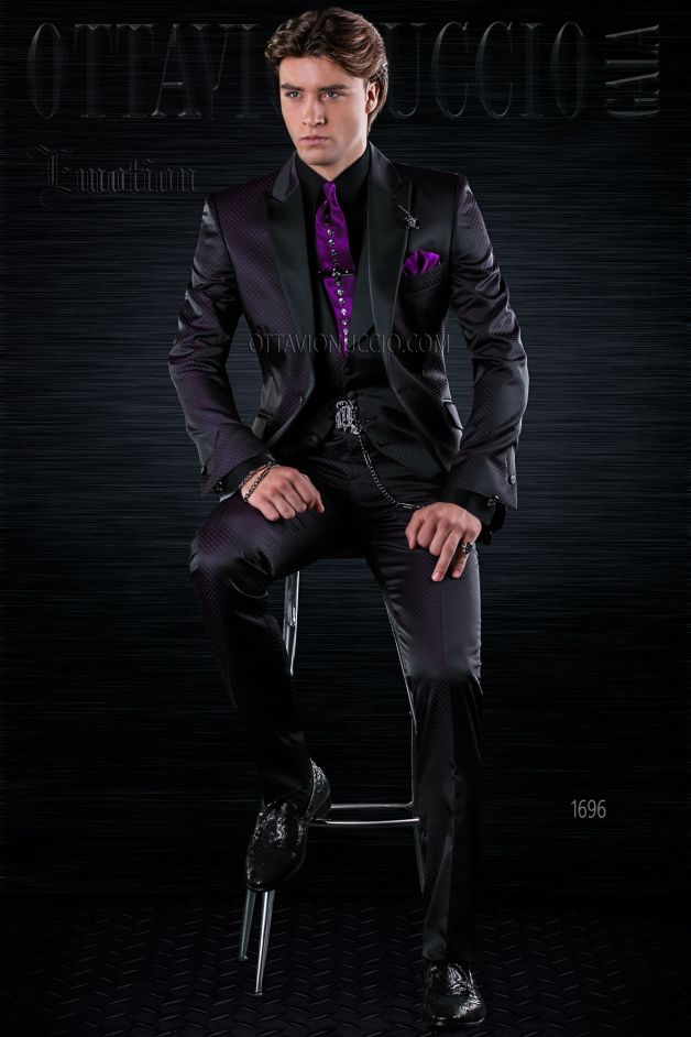 ONGala 1696 - Traje de novio negro microdiseño morado mixto lana