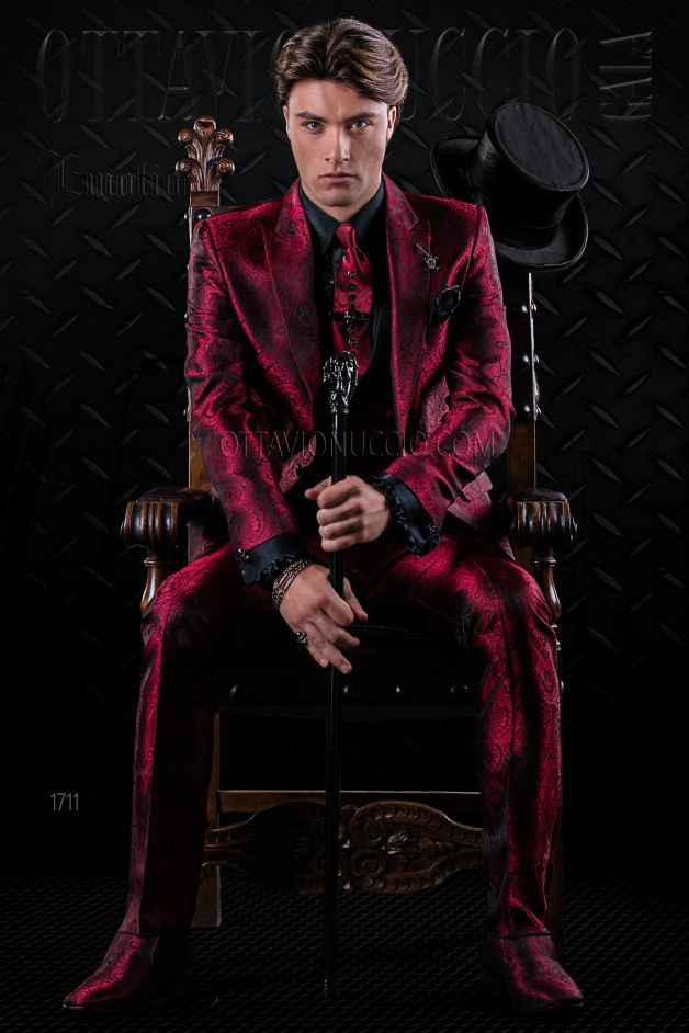 ONGala 1711 - Traje de novio rojo de jacquard gótico