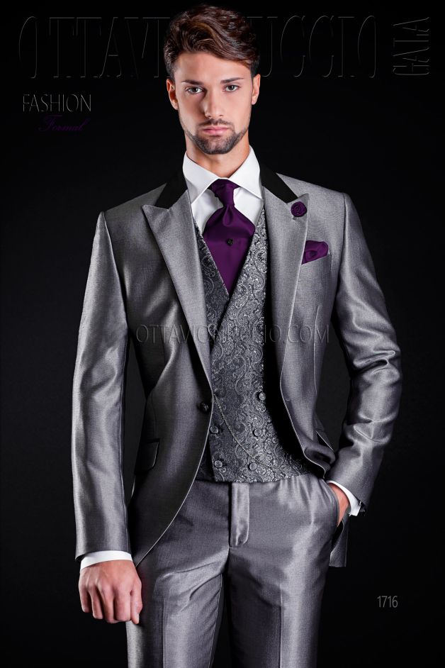 ONGala 1716 - Traje de novio semilevita gris con cuello a contraste