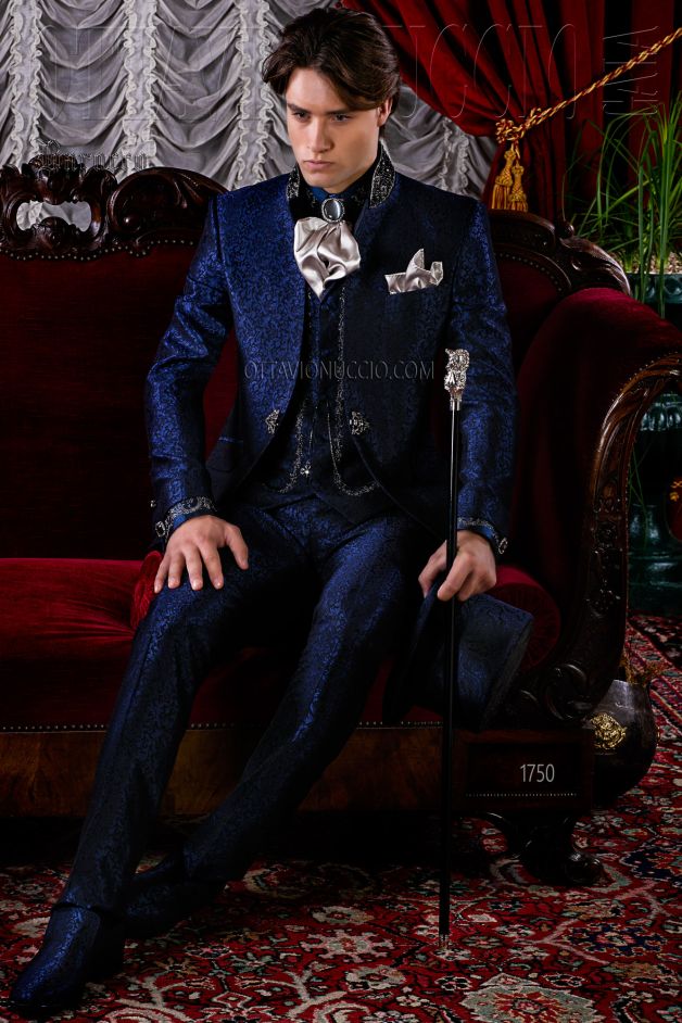 ONGala 1750 - Traje de novio barroco azul brocado con cuello de pedrería