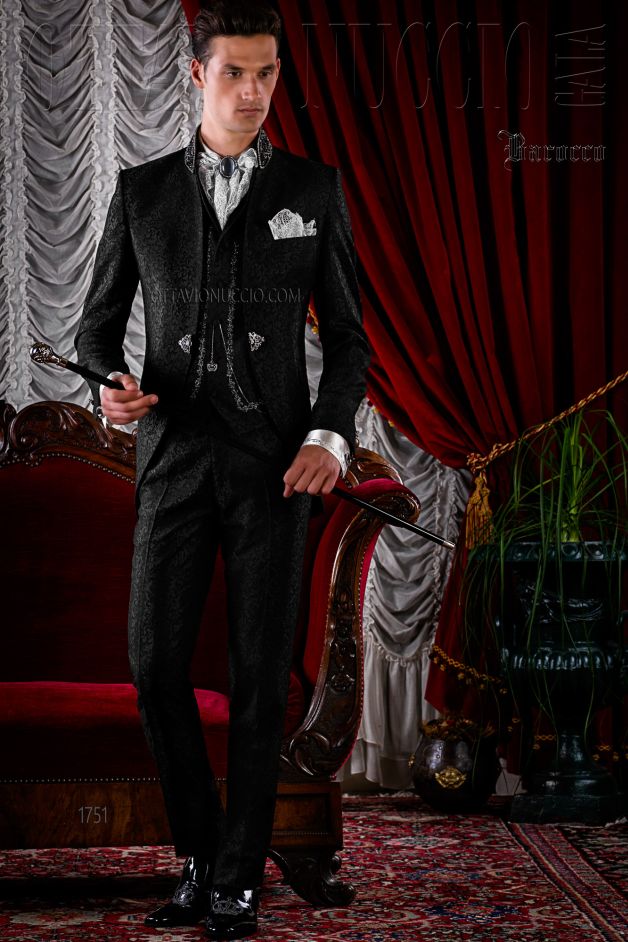 ONGala 1751 - Traje de novio gótico negro brocado con cuello de pedrería