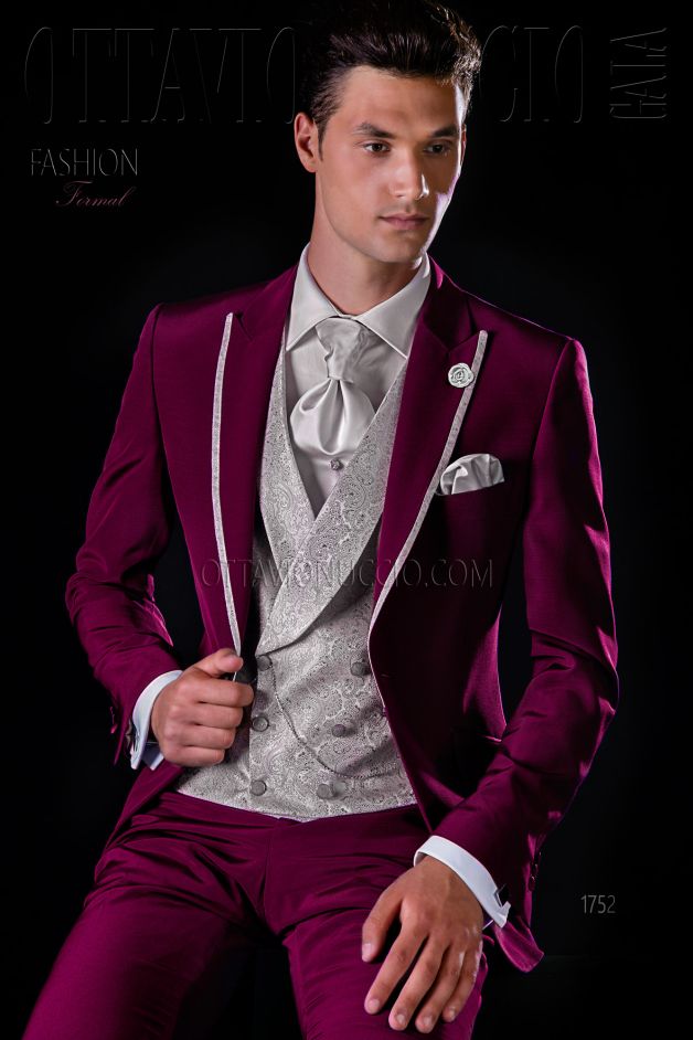 ONGala 1752 - Traje de novio granate con contraste gris perla mixto lana