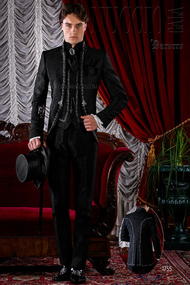 ONGala 1755 - Traje de novio gótico brocado negro con bordado plata