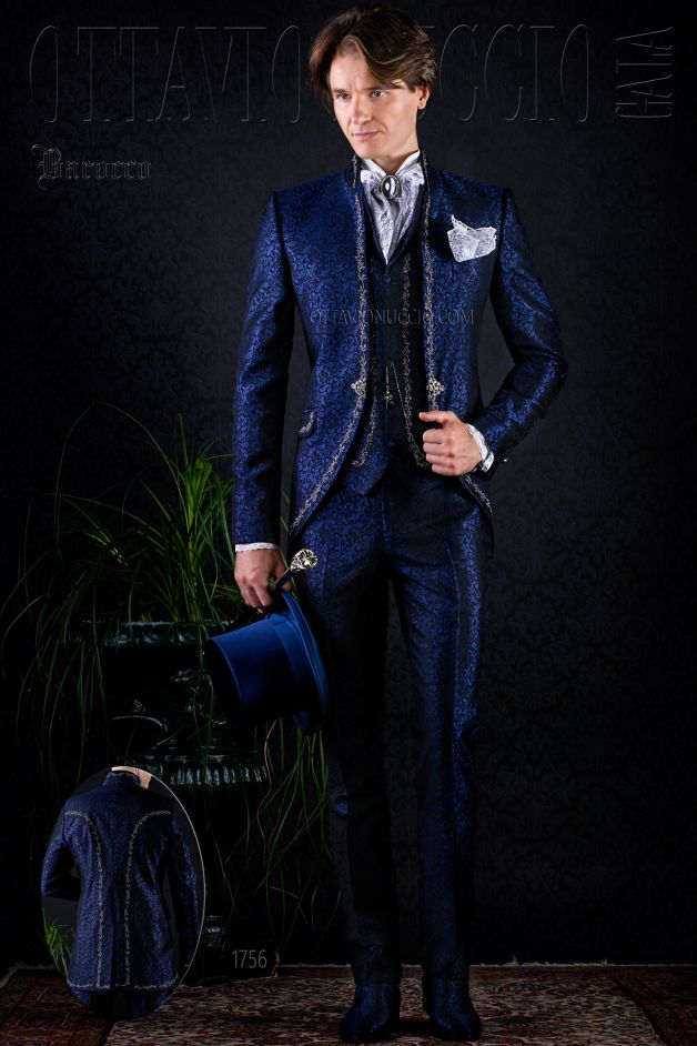 ONGala 1756 - Traje de novio gótico brocado azul con bordado plata