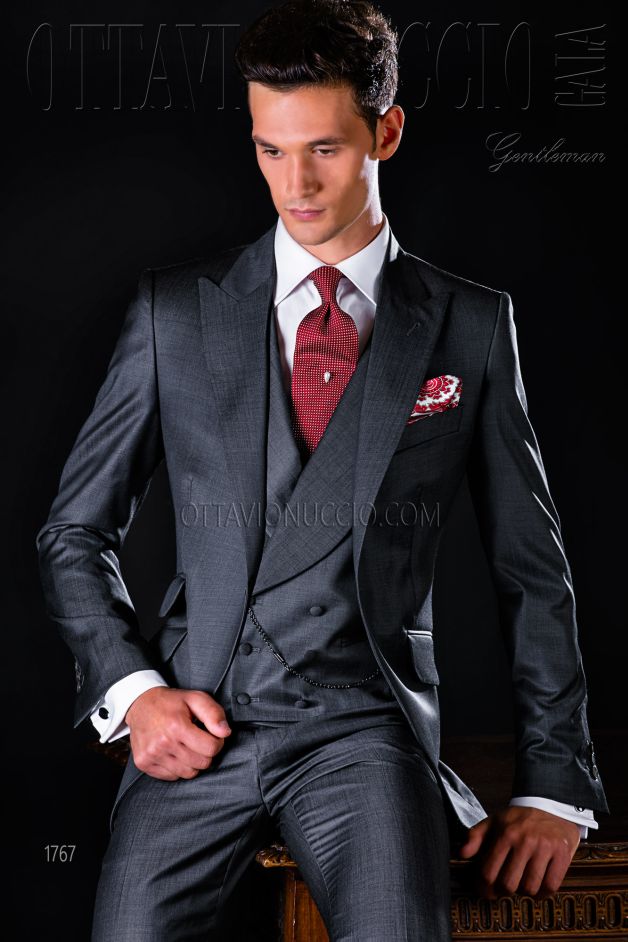 ONGala 1767 - Sharkskin charcoal gray peak lapel formal suit