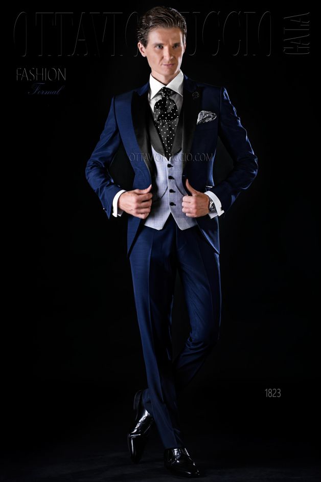 ONGala 1823 - Traje de novio azul con solapa de raso mixto lana