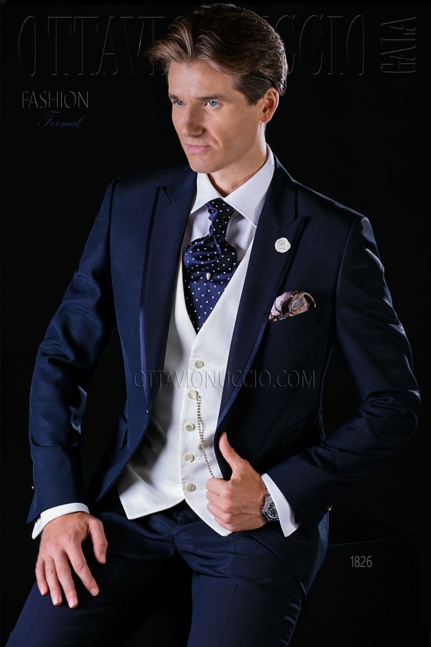 ONGala 1826 - Traje de novio azul con vivos de raso mixto lana