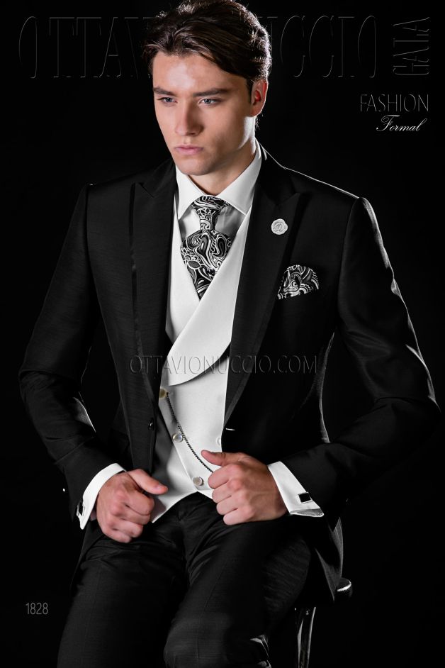 ONGala 1828 - Traje de novio negro slim mixto lana con vivos de raso