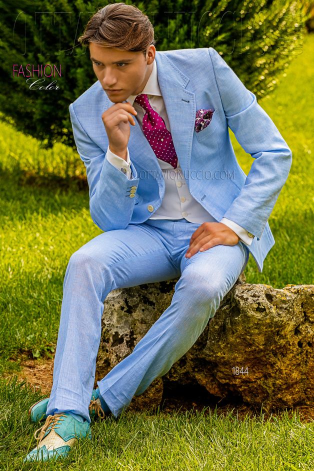 ONGala 1844 - Traje italiano celeste mixto lino algodón