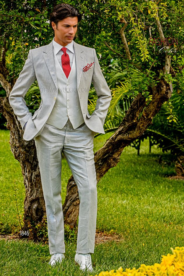 ONGala 1846 - Traje de novio gris perla de lino metalizado