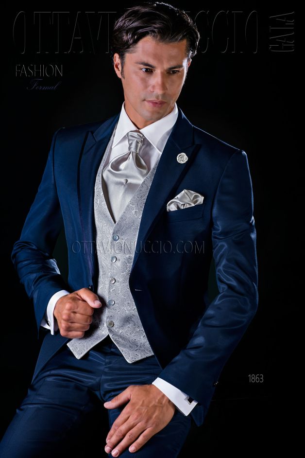 ONGala 1863 - Traje de novio azul microdiseño slim con vivos de raso