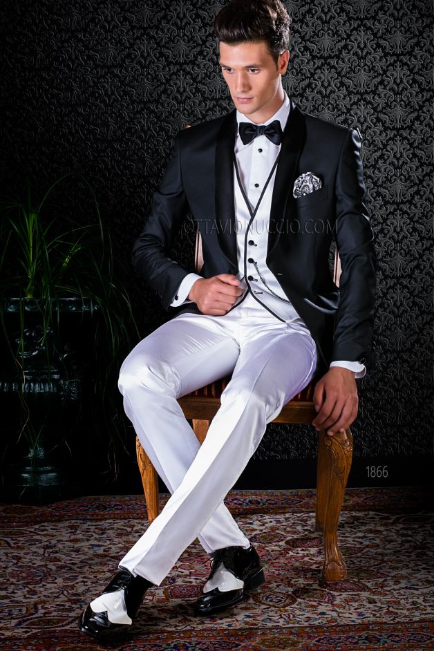 ONGala 1866 - Esmoquin negro moda con pantalón de raso blanco
